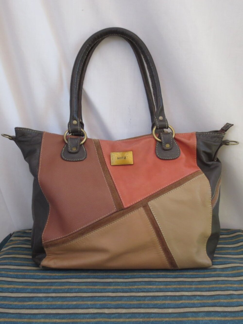 80s Matiz Bag Earth Tones Patchwork Vintage Genuine Leather Roomy Carryall Purse